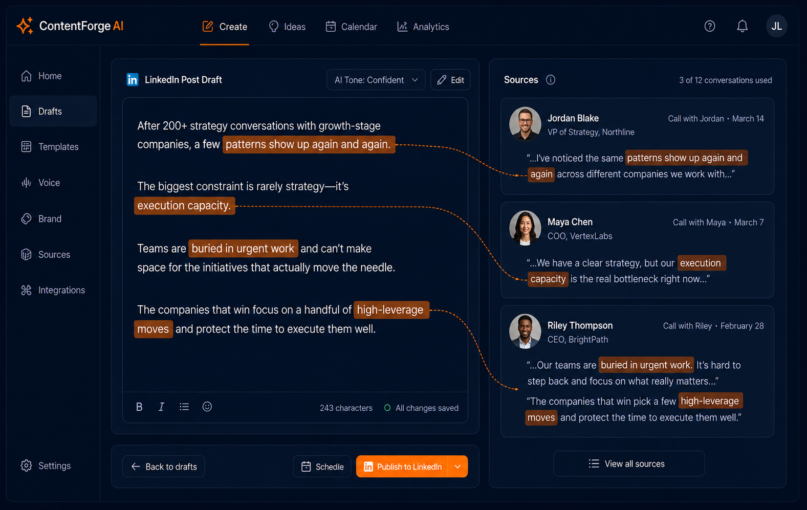 A digital brain drafting a post from a real client conversation, with the source attributed